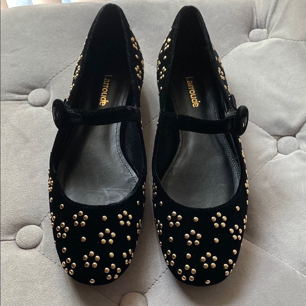 Larroude Black Flats with Gold Studs